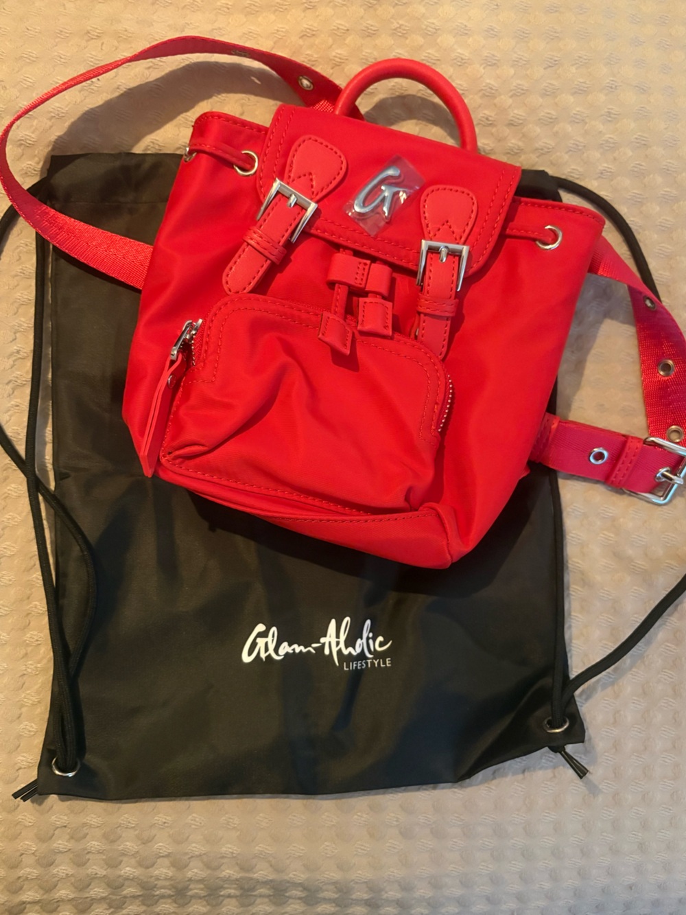Glam-Aholic Lifestyle Red Nylon Mini Backpack with Buckles & Adjustable Straps